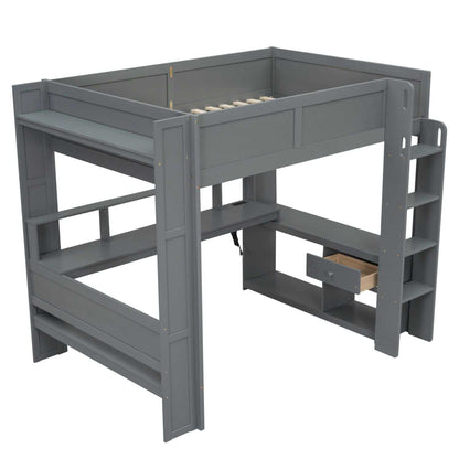 Wood Full Size Gaming Loft Bed with Desk, Multi-storage Shelves, LED and Charging Station, Dark Gray(Old SKU:SM000374AAE) - luxuryhomedecoridea.com