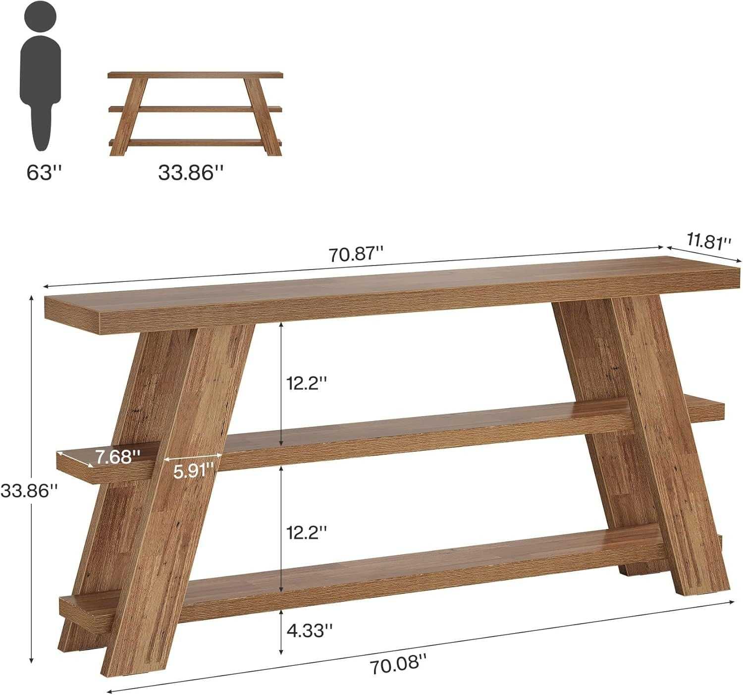 70.9" Extra Long Console Table with Storage, 3-Tier Narrow Wooden Sofa Table Behind The Couch - luxuryhomedecoridea.com