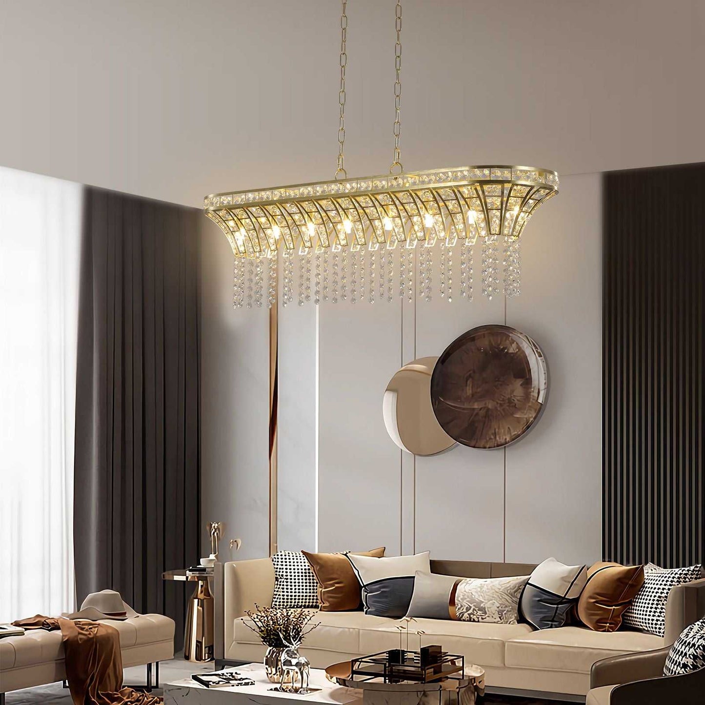 39" Modern Crystal Linear Rectangle Chandelier with Gold Finish, Elegant Pendant Light with Cascading Beads, for Dining Room, Living Room, or Foyer (Bulb Not Included) - luxuryhomedecoridea.com