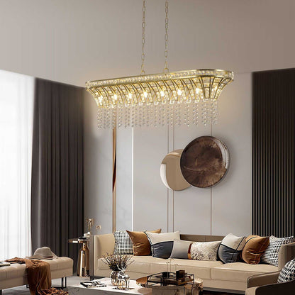 39" Modern Crystal Linear Rectangle Chandelier with Gold Finish, Elegant Pendant Light with Cascading Beads, for Dining Room, Living Room, or Foyer (Bulb Not Included) - luxuryhomedecoridea.com