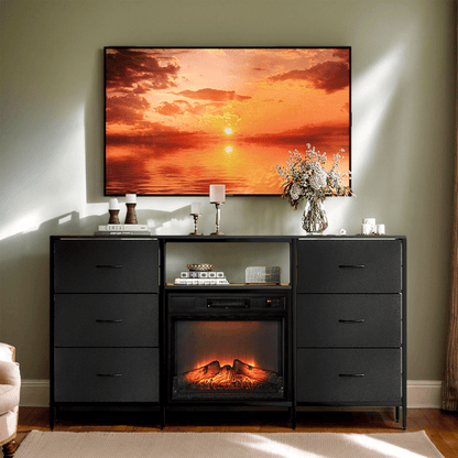 Black Embossed Fireplace TV Stand with 18 Inch Insert & 6 Fabric Drawers, RGB Lights, Industrial Iron-Wood Design Media Console, 58 x 11.8 x 31.3 Inch - luxuryhomedecoridea.com