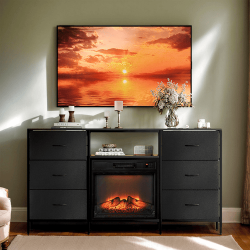 Black Embossed Fireplace TV Stand with 18 Inch Insert & 6 Fabric Drawers, RGB Lights, Industrial Iron-Wood Design Media Console, 58 x 11.8 x 31.3 Inch - luxuryhomedecoridea.com