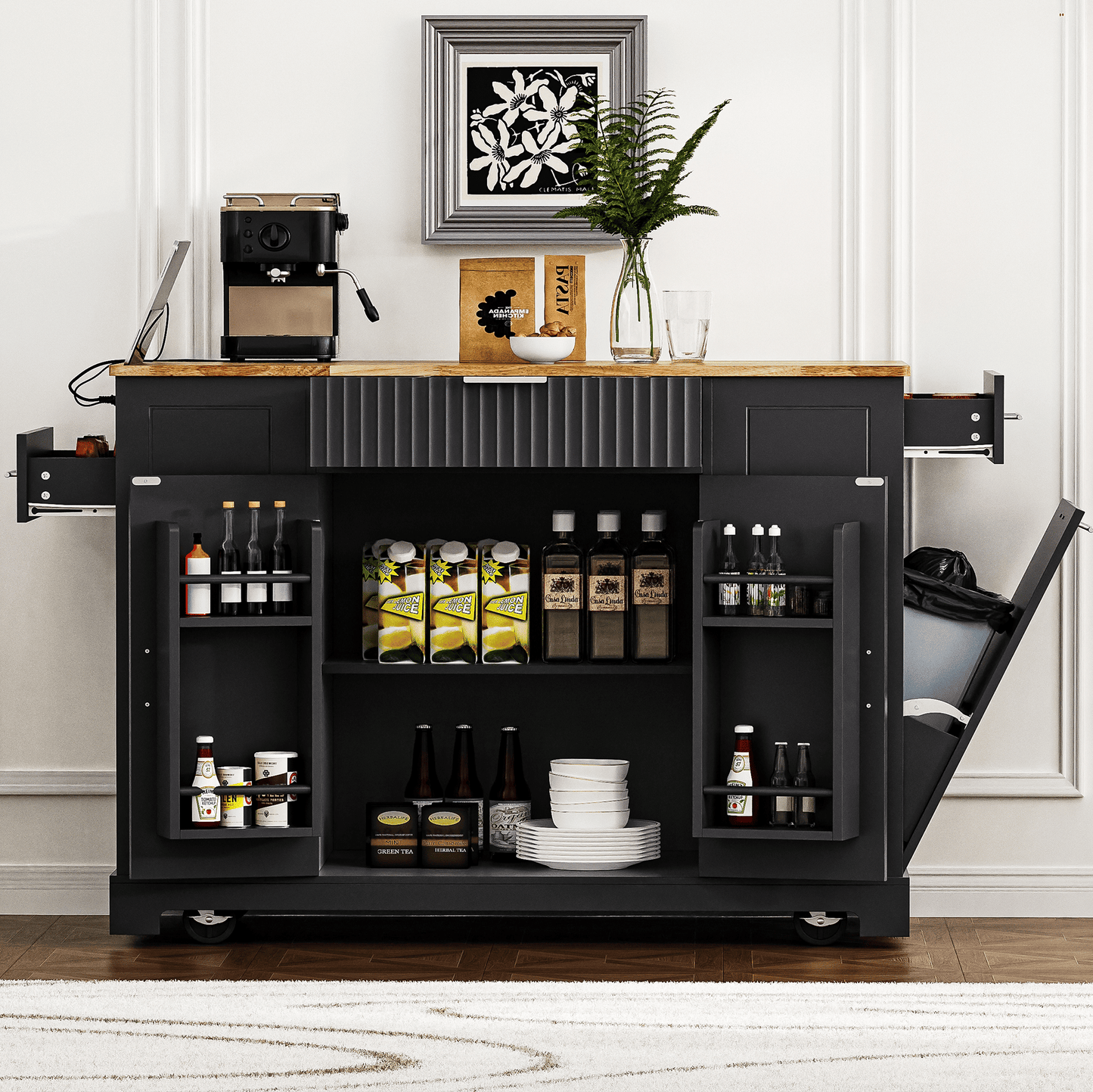 Fluted Kitchen Island with Trash Can Storage Cabinet, Power Outlet, Internal Storage Rack, Rolling Kitchen Islands on 5 Wheels with 3 Drawer, 3 Open Side Racks for 10 Gallon Garbage Bin - luxuryhomedecoridea.com