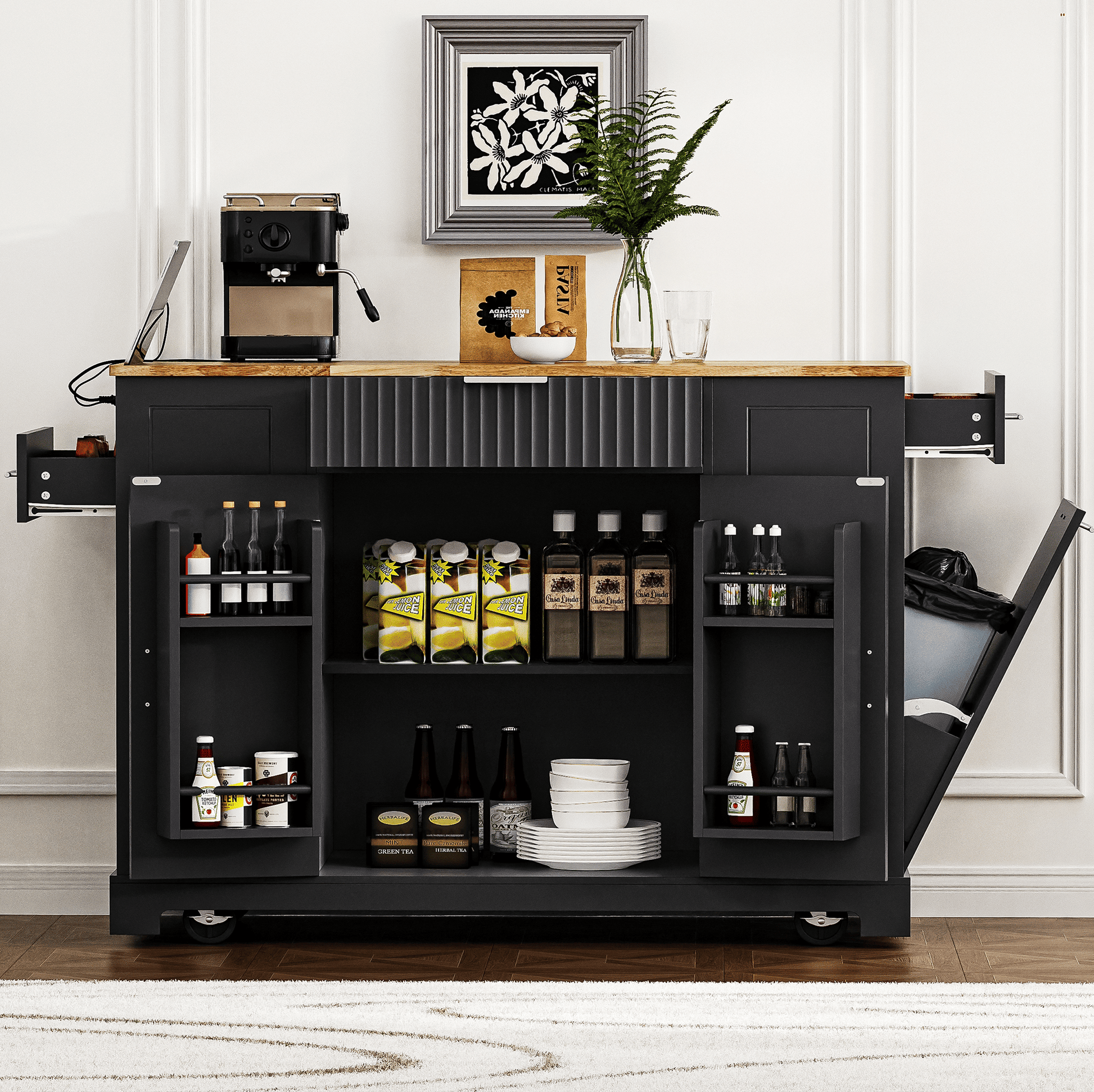 Fluted Kitchen Island with Trash Can Storage Cabinet, Power Outlet, Internal Storage Rack, Rolling Kitchen Islands on 5 Wheels with 3 Drawer, 3 Open Side Racks for 10 Gallon Garbage Bin - luxuryhomedecoridea.com