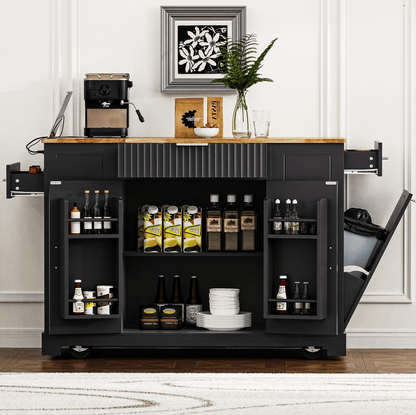 Fluted Kitchen Island with Trash Can Storage Cabinet, Power Outlet, Internal Storage Rack, Rolling Kitchen Islands on 5 Wheels with 3 Drawer, 3 Open Side Racks for 10 Gallon Garbage Bin - luxuryhomedecoridea.com