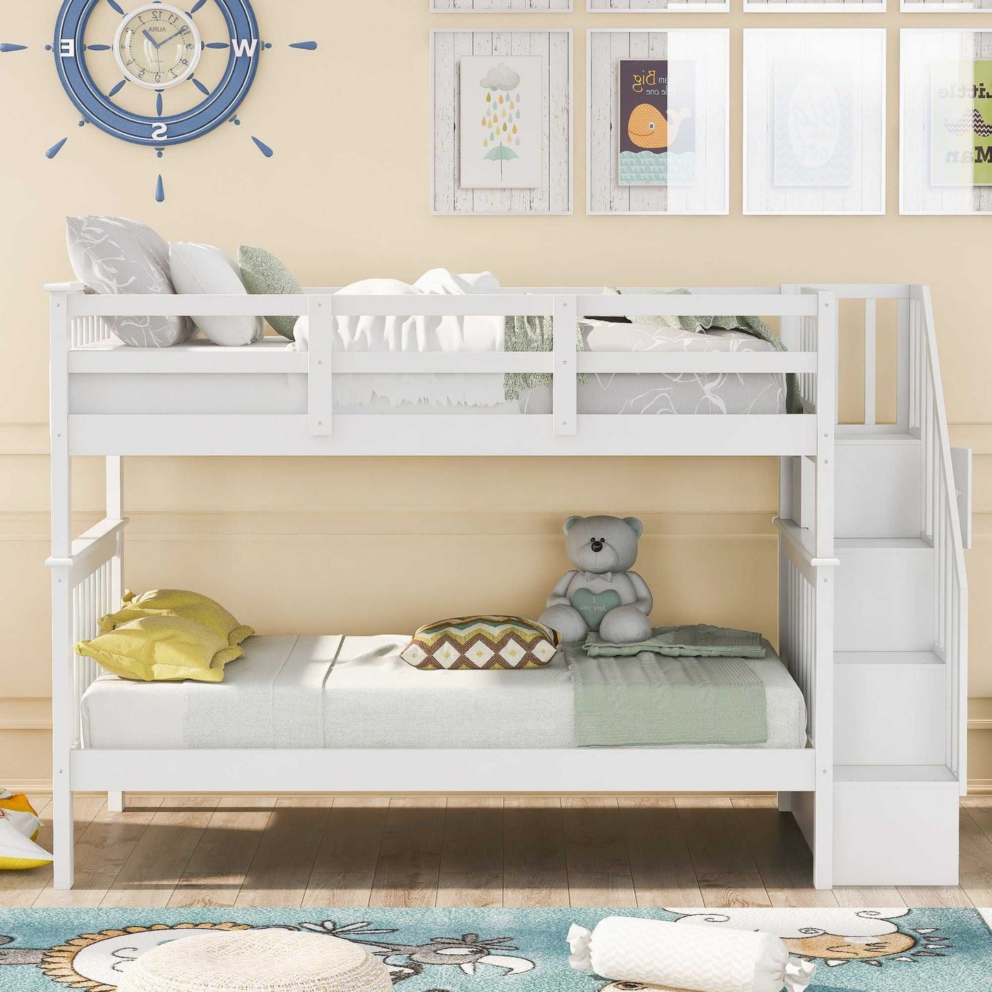 Stairway Twin-Over-Twin Bunk Bed with Storage and Guard Rail for Bedroom, Dorm - luxuryhomedecoridea.com