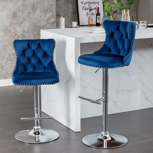 Swivel Velvet Barstools Adjusatble Seat Height from 25-33 Inch, Chrome base Bar Stools with Backs Comfortable Tufted for Home Pub and Kitchen Island,Set of 2,AS1712BL,Blue - luxuryhomedecoridea.com