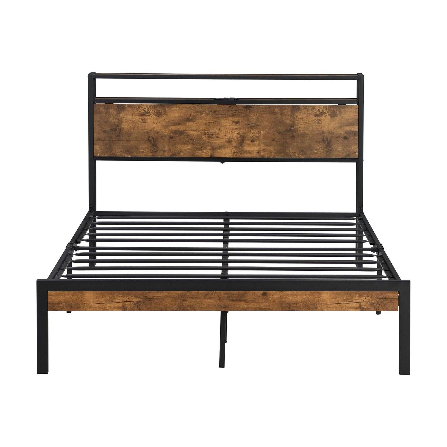 Queen Size Metal Platform Bed Frame with Wooden Headboard and Footboard with USB LINER, No Box Spring Needed, Large Under Bed Storage, Easy Assemble - luxuryhomedecoridea.com
