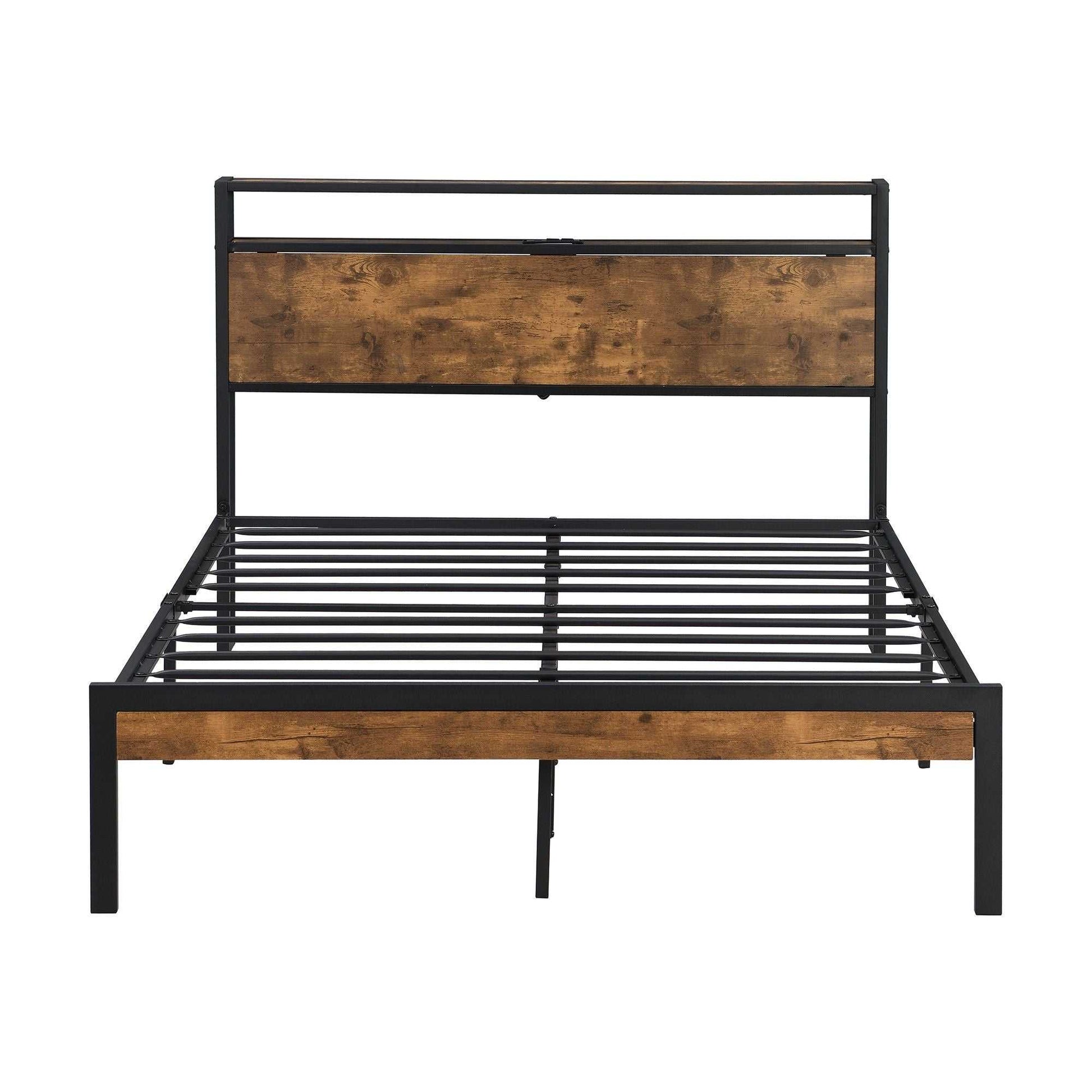 Queen Size Metal Platform Bed Frame with Wooden Headboard and Footboard with USB LINER, No Box Spring Needed, Large Under Bed Storage, Easy Assemble - luxuryhomedecoridea.com