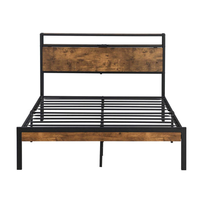 Queen Size Metal Platform Bed Frame with Wooden Headboard and Footboard with USB LINER, No Box Spring Needed, Large Under Bed Storage, Easy Assemble - luxuryhomedecoridea.com