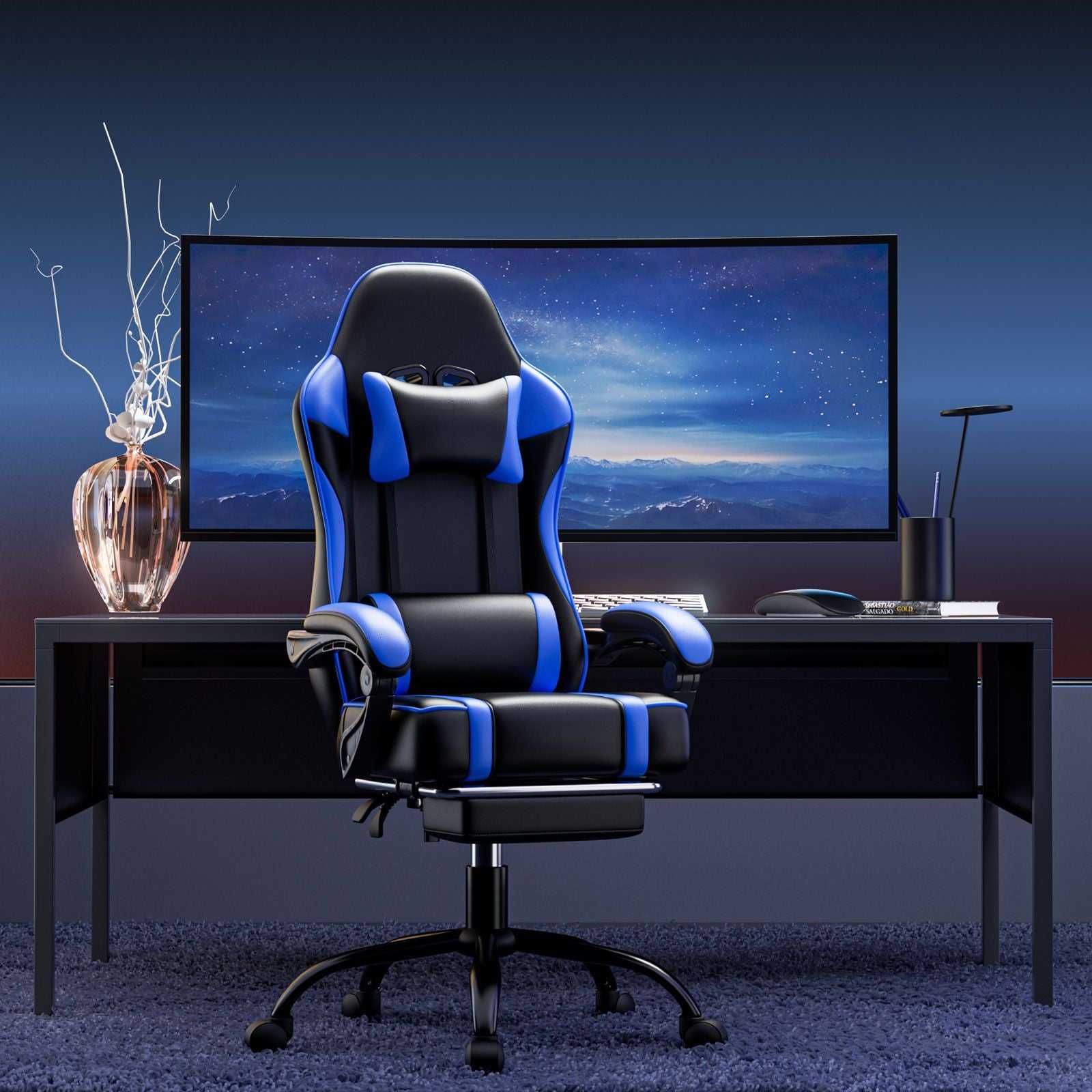 Video Game Chairs for Adults, PU Leather Gaming Chair with Footrest, 360°Swivel Adjustable Lumbar Pillow Gamer Chair, Comfortable Computer Chair for Heavy People - luxuryhomedecoridea.com