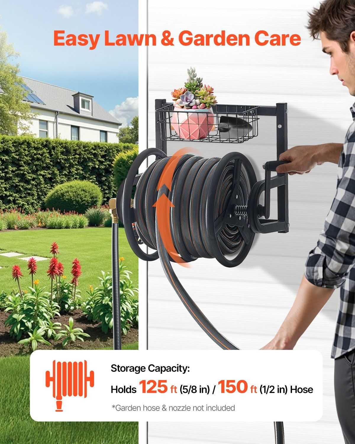 VEVOR Wall Mounted Garden Hose Reel, Holds 125 ft 5/8-inch Hose, Heavy-Duty Water Hose Winder, Space-Saving Design, Outdoor Manual Reel with Brass Fitting and Storage Basket for Yard Lawn - luxuryhomedecoridea.com