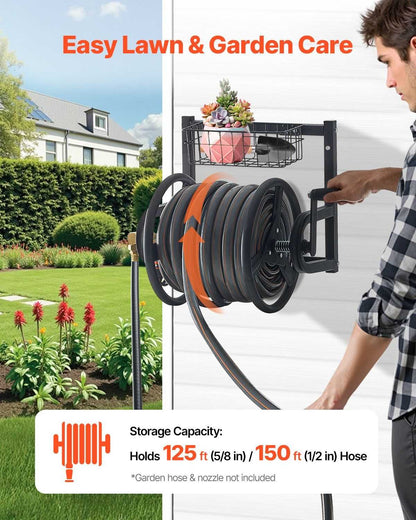 VEVOR Wall Mounted Garden Hose Reel, Holds 125 ft 5/8-inch Hose, Heavy-Duty Water Hose Winder, Space-Saving Design, Outdoor Manual Reel with Brass Fitting and Storage Basket for Yard Lawn - luxuryhomedecoridea.com