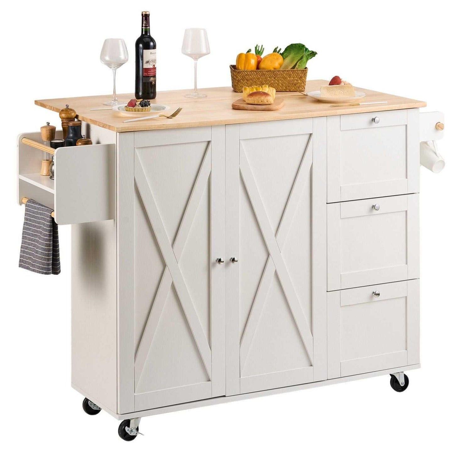 VEVOR Kitchen Island Cart with Solid Wood Top, 45.3" Width Mobile Carts with Storage Cabinet, Rolling Kitchen Table with Spice Rack, Towel Rack, Drop Leaf and Drawer, Portable Islands on Wheels, White - luxuryhomedecoridea.com