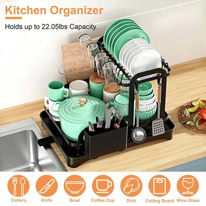 2-Tier Dish Drying Rack for Kitchen Counter Space Saving Rustproof Dish Rack with Drainboard Detachable Kitchen Drainer Organizer Set - luxuryhomedecoridea.com