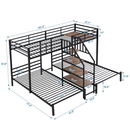 Metal Twin over Twin & Twin Bunk Bed, Triple Bunk Bed with Storage Shelves Staircase, Black - luxuryhomedecoridea.com