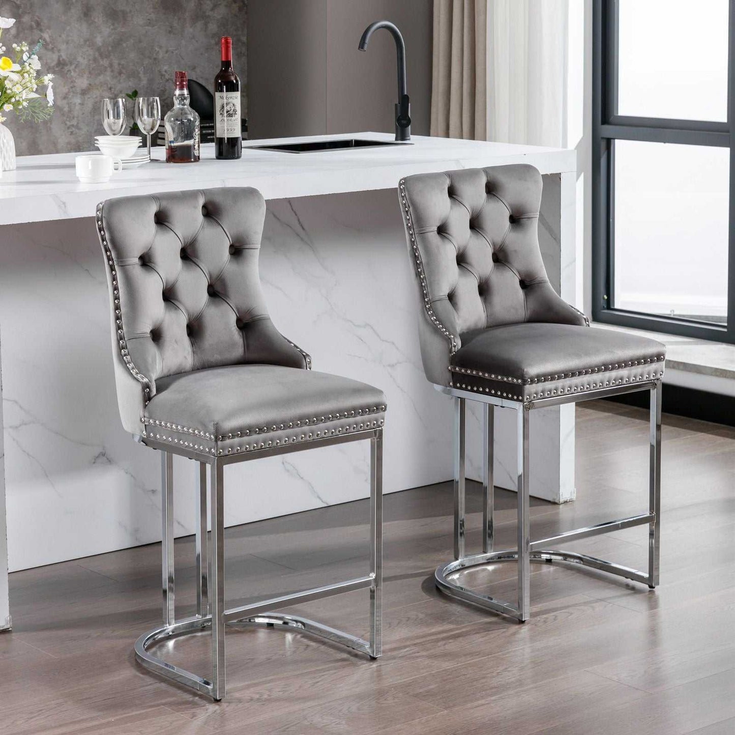 26" Counter Height Bar Stools Set of 2, Modern Velvet Barstools with Button Back&Rivet Trim Upholstered Kitchen Island Chairs with Sturdy Chromed Metal Base Legs Farmhouse Bar Stools, (Gray,2 Pack) - luxuryhomedecoridea.com