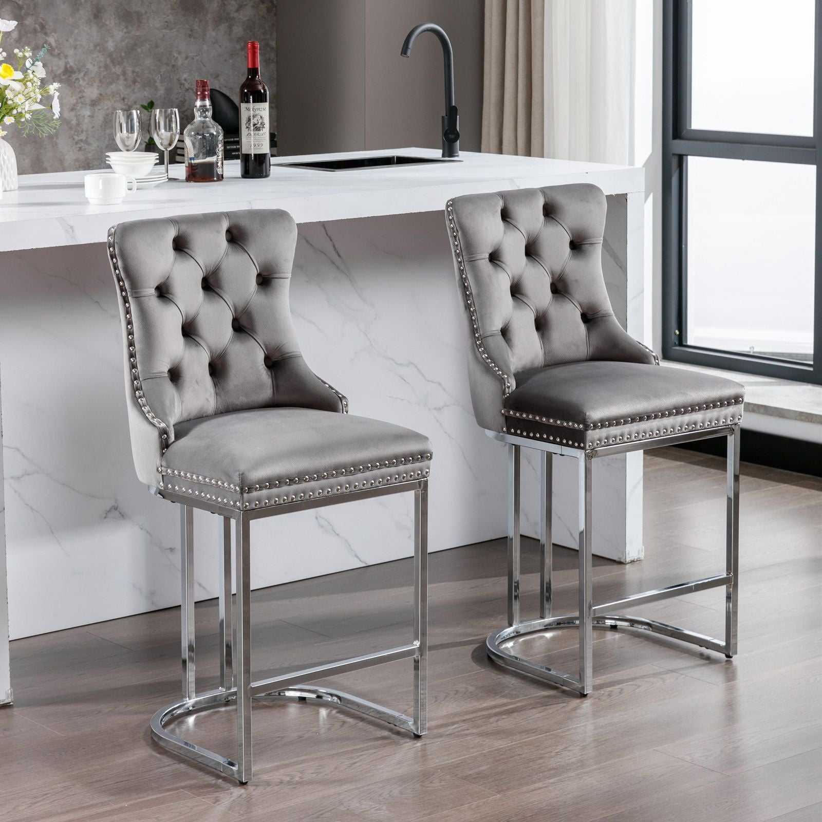 26" Counter Height Bar Stools Set of 2, Modern Velvet Barstools with Button Back&Rivet Trim Upholstered Kitchen Island Chairs with Sturdy Chromed Metal Base Legs Farmhouse Bar Stools, (Gray,2 Pack) - luxuryhomedecoridea.com