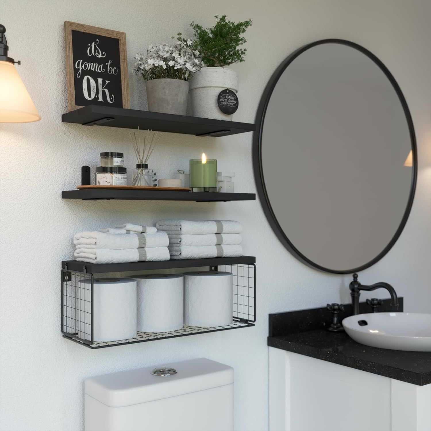 Bathroom Shelf Over Toilet, Floating Bathroom Shelf Wall Mounted with Wire Basket, Floating Shelf for Wall Décor - luxuryhomedecoridea.com