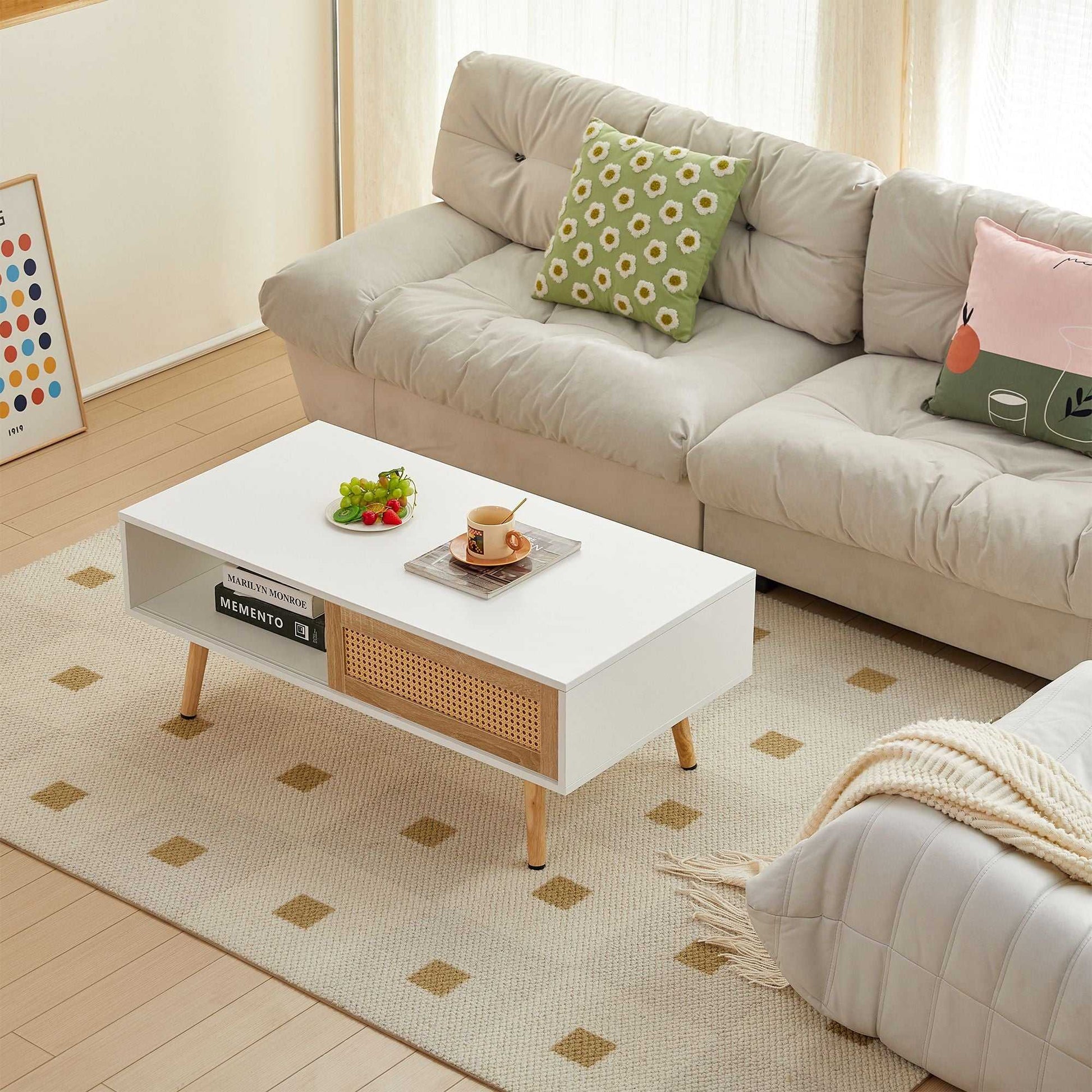 41.34" Rattan Coffee table, sliding door for storage, solid wood legs, Modern table for living room - luxuryhomedecoridea.com