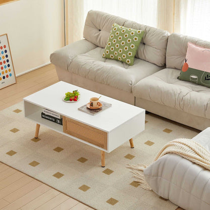 41.34" Rattan Coffee table, sliding door for storage, solid wood legs, Modern table for living room - luxuryhomedecoridea.com
