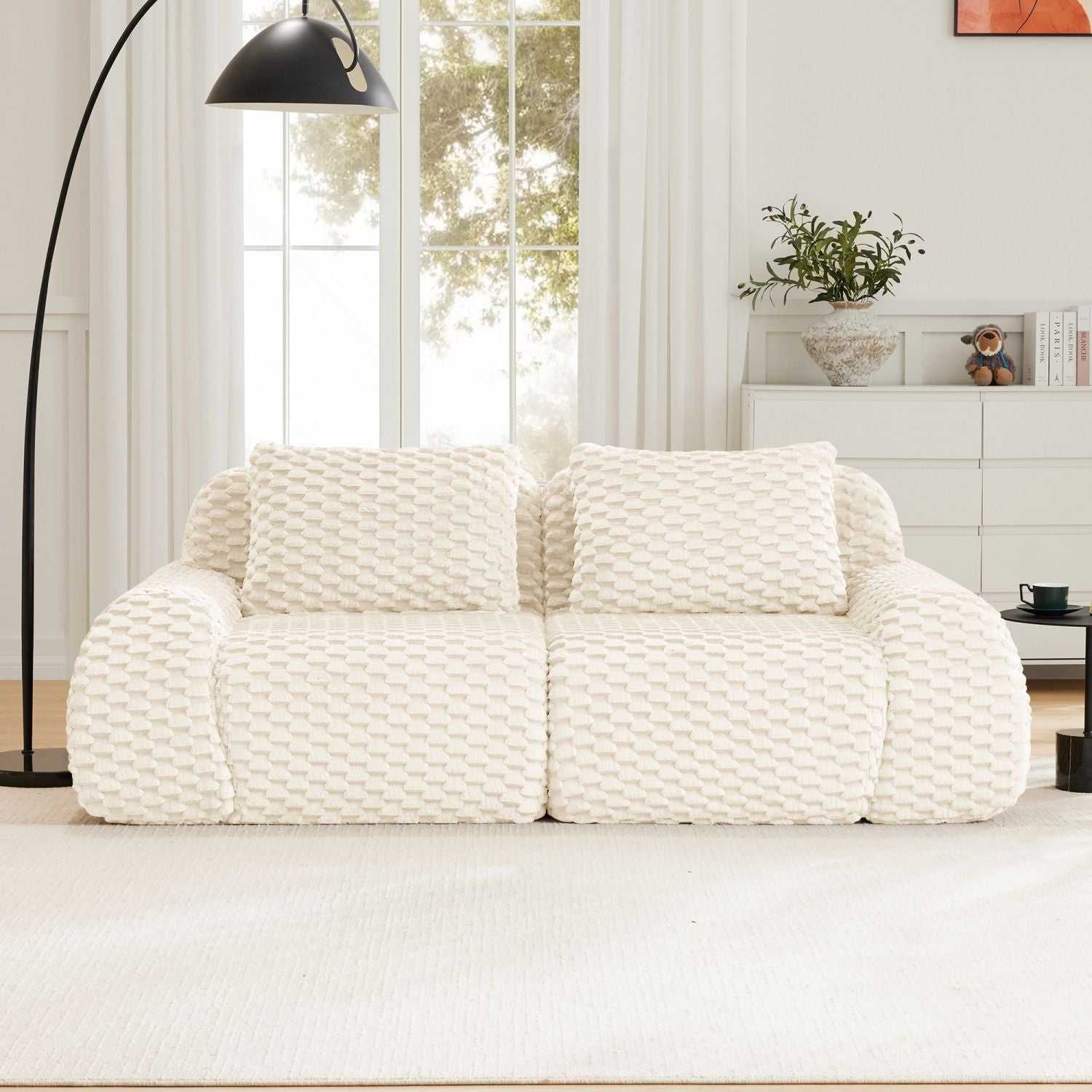 82" Modern Modular Sectional Sofa - Cream Flannelette 2-Seater Couch with Deep Seat - luxuryhomedecoridea.com