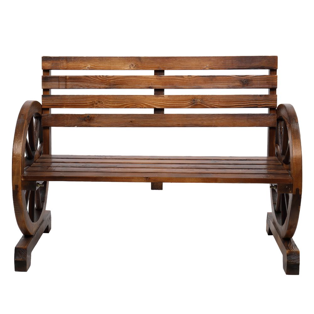 Rustic 2-Person Wooden Wagon Wheel Bench with Slatted Seat and Backrest, Brown luxury home decor