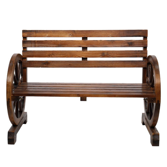 Rustic 2-Person Wooden Wagon Wheel Bench with Slatted Seat and Backrest, Brown luxury home decor
