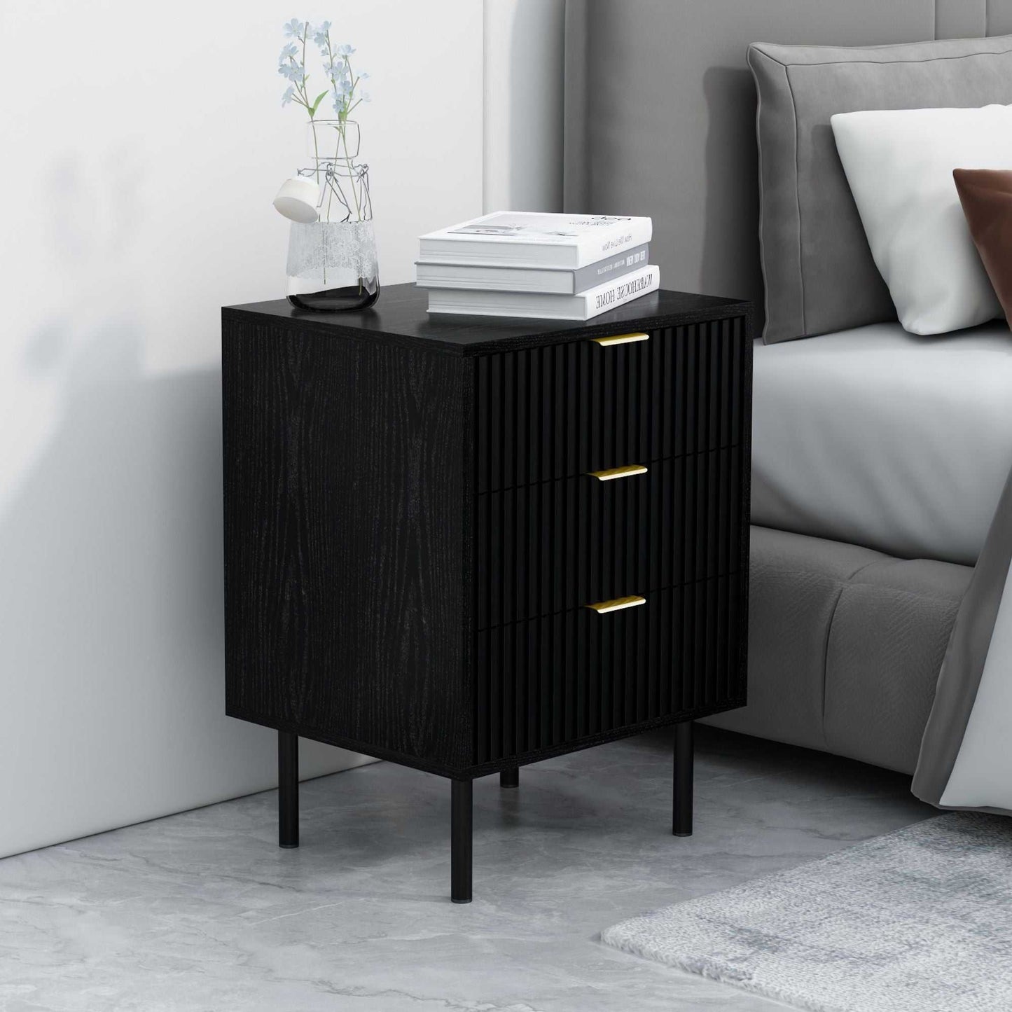 conifferism Fluted Black Nightstand 3 Drawers, Bedroom 26' Tall Bedside Night Stand, Modern Bed Side End Table Living Room, 19' Small Space Mid Century Storage Cabinet - luxuryhomedecoridea.com