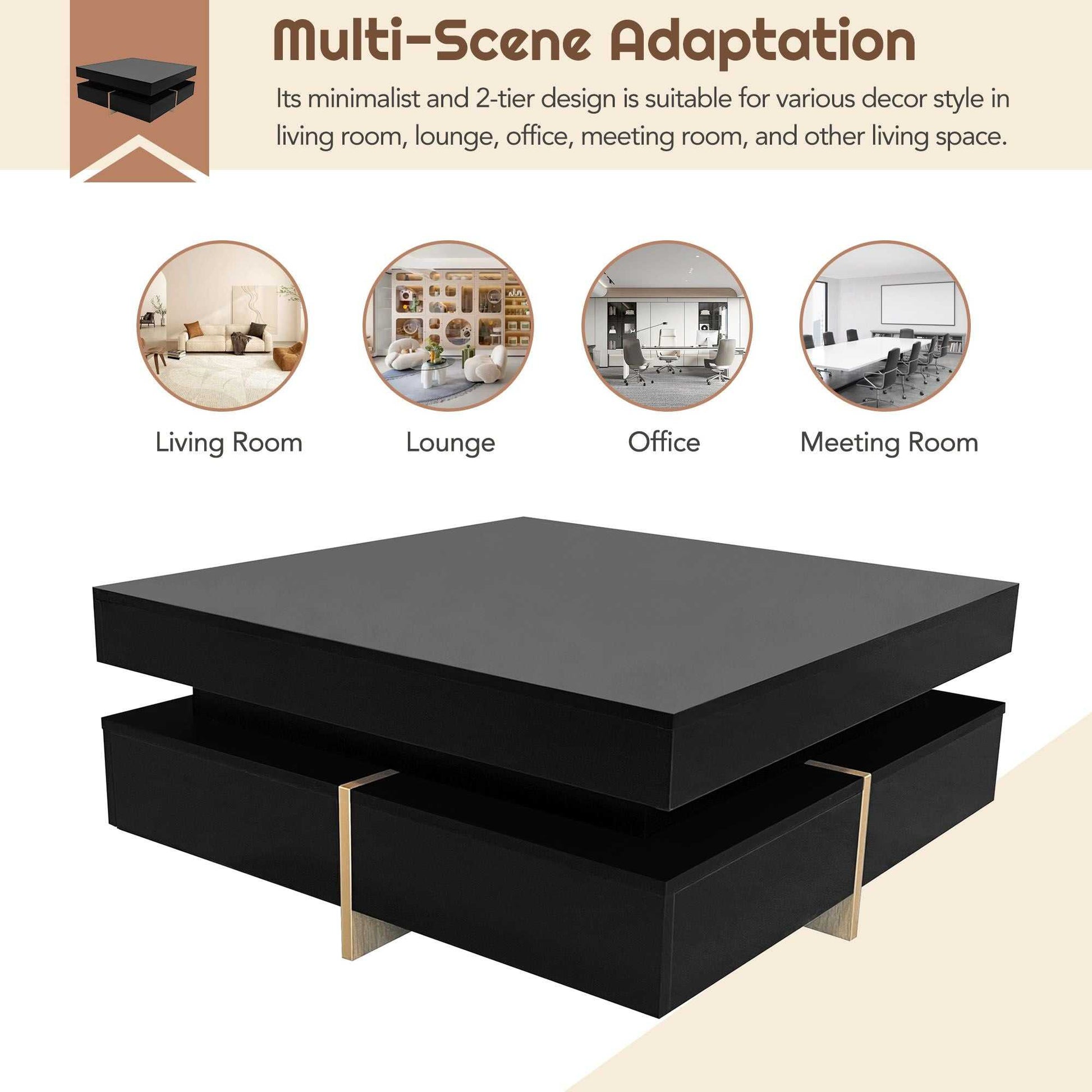 ON-TREND Modern High Gloss Coffee Table with 4 Drawers, Multi-Storage Square Cocktail Tea Table with Wood Grain Legs, Center Table for Living Room, 31.5''x31.5'', Black - luxuryhomedecoridea.com