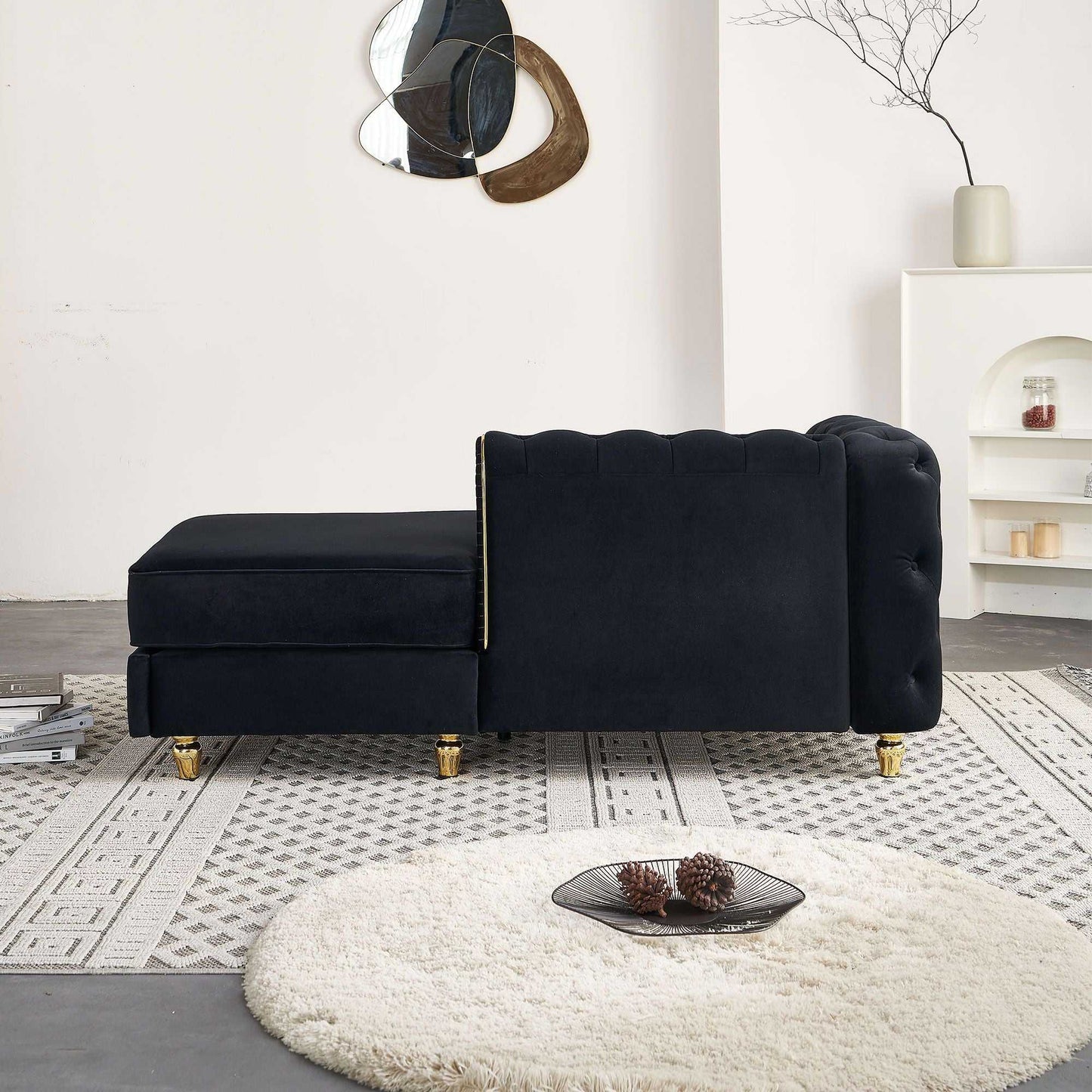 66.9''W Velvet Chaise Lounge,Luxury Modern Chaise Furniture,Tufted Back with 2pcs toss pillows for Living Room,Bedroom,Apartment,Black Color - luxuryhomedecoridea.com