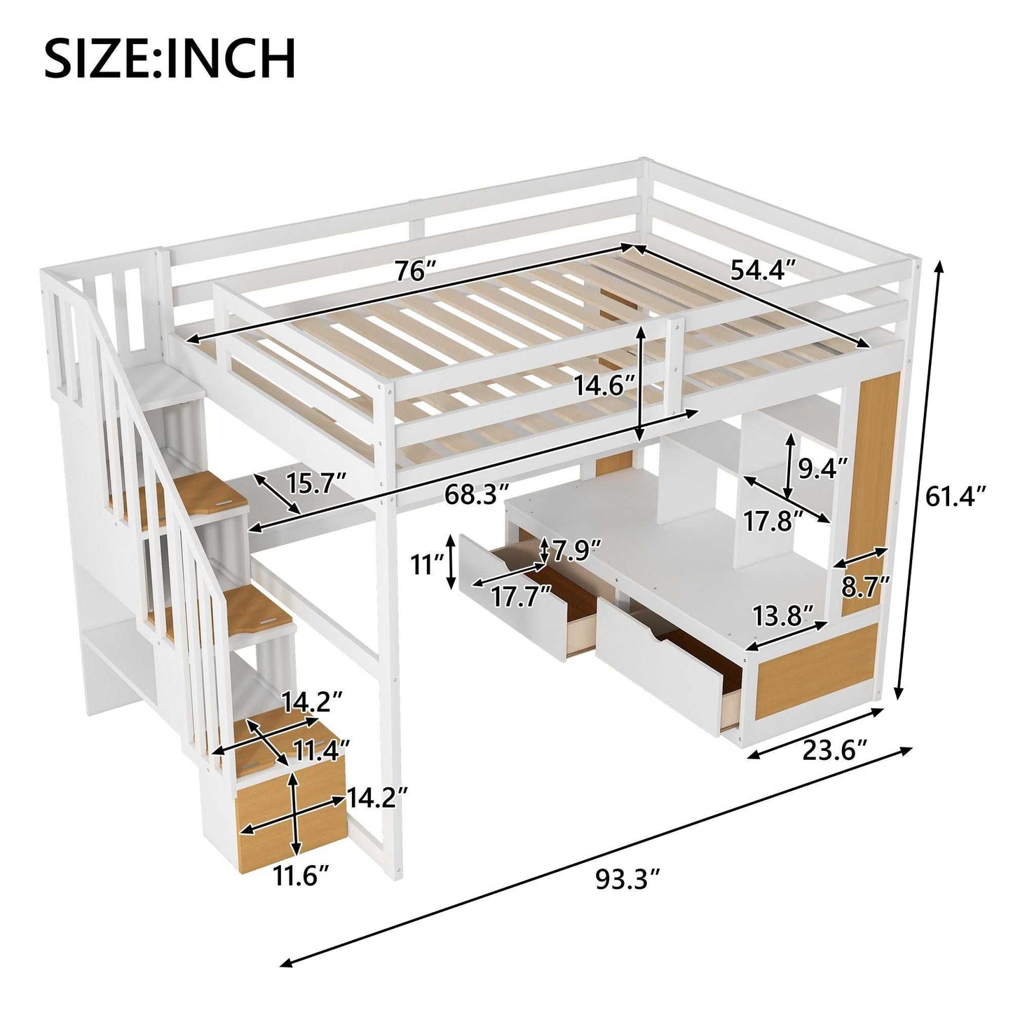 Full Size Loft Bed with Desk and Shelves, Two Built-in Drawers, Storage Staircase, White and Natural - luxuryhomedecoridea.com