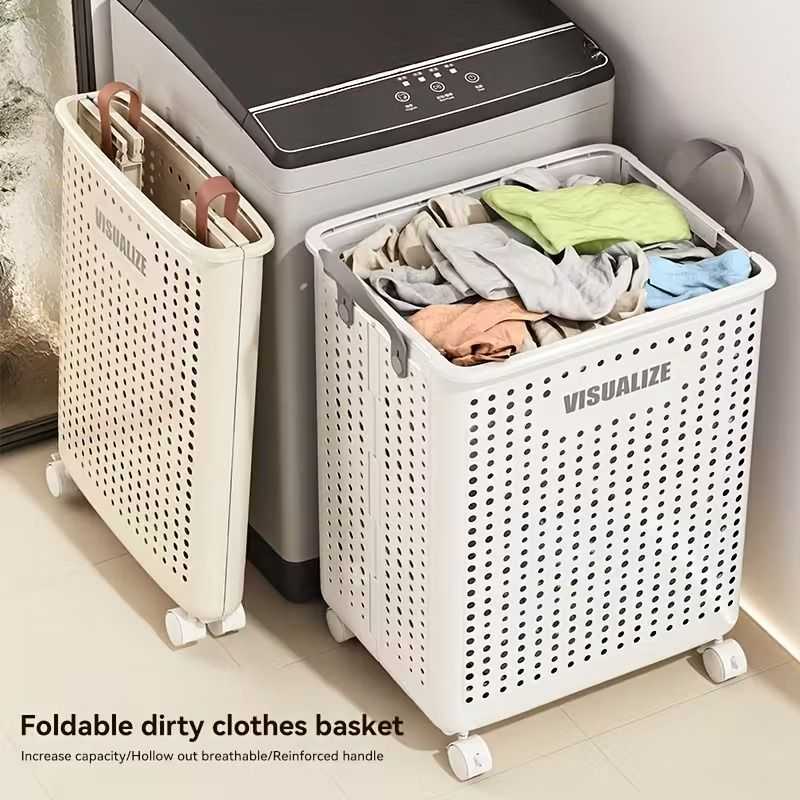 Collapsible Laundry Basket with Wheels, Medium-Large White Ceramic Look Hamper with Faux Leather Handles, Portable and Durable Clothes Storage Bin for Bathroom, Balcony, and Home Organization - luxuryhomedecoridea.com