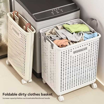 Collapsible Laundry Basket with Wheels, Medium-Large White Ceramic Look Hamper with Faux Leather Handles, Portable and Durable Clothes Storage Bin for Bathroom, Balcony, and Home Organization - luxuryhomedecoridea.com