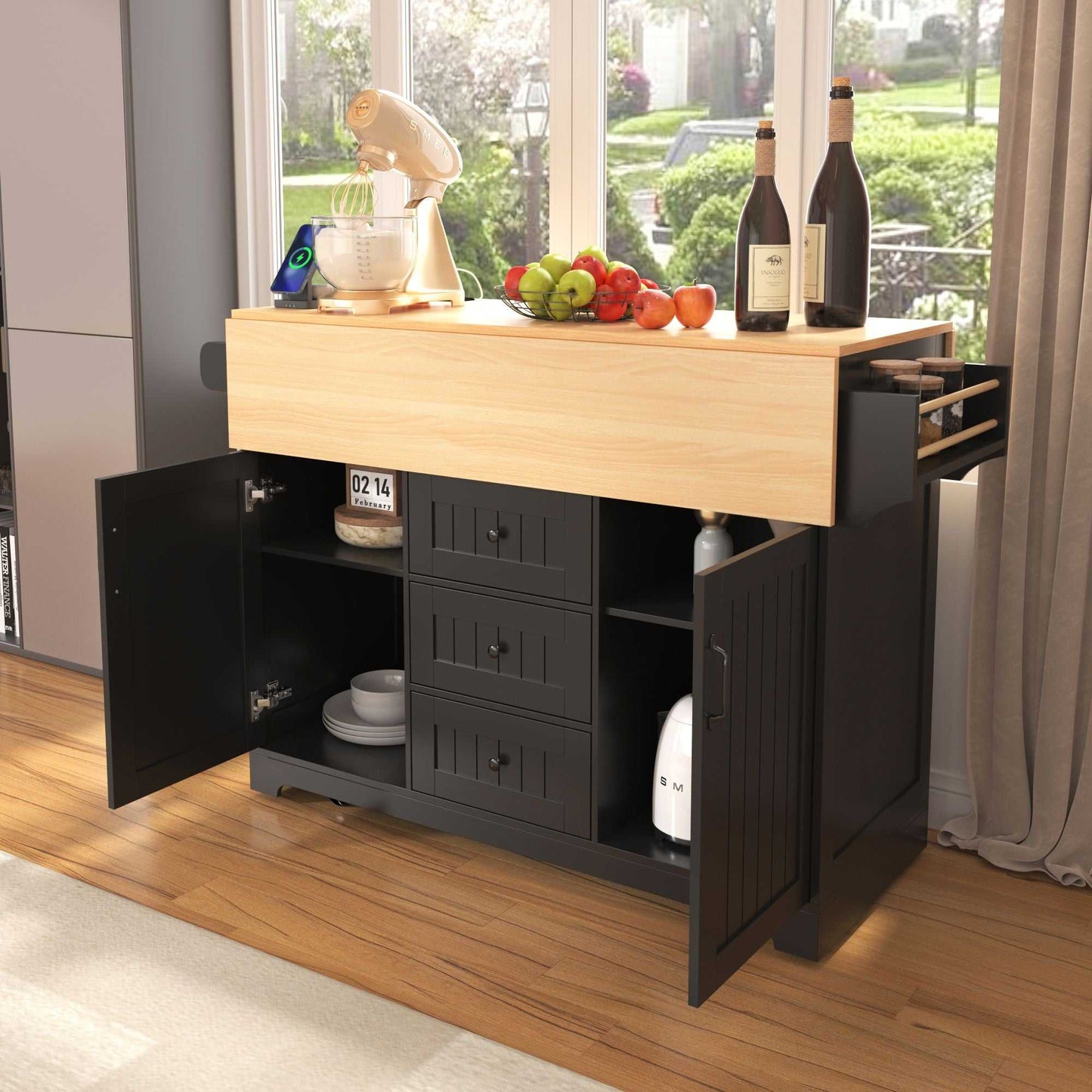 55.7" Large Kitchen Island with 2 Drop Leaf,Rolling Kitchen Cart on 5 Wheels with Power Outlet, Folding Storage Dining Table with Spice & Towel Rack , 3 Drawers, for Kitchen, Dining Room - luxuryhomedecoridea.com