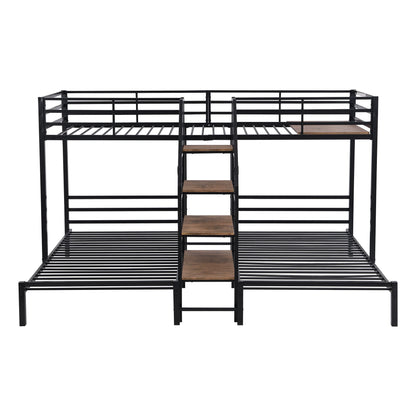 Metal Twin over Twin & Twin Bunk Bed, Triple Bunk Bed with Storage Shelves Staircase, Black - luxuryhomedecoridea.com