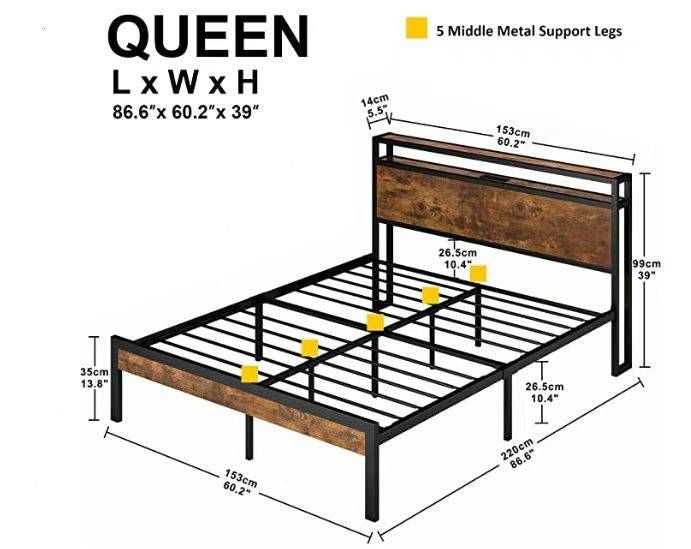 Queen Size Metal Platform Bed Frame with Wooden Headboard and Footboard with USB LINER, No Box Spring Needed, Large Under Bed Storage, Easy Assemble - luxuryhomedecoridea.com