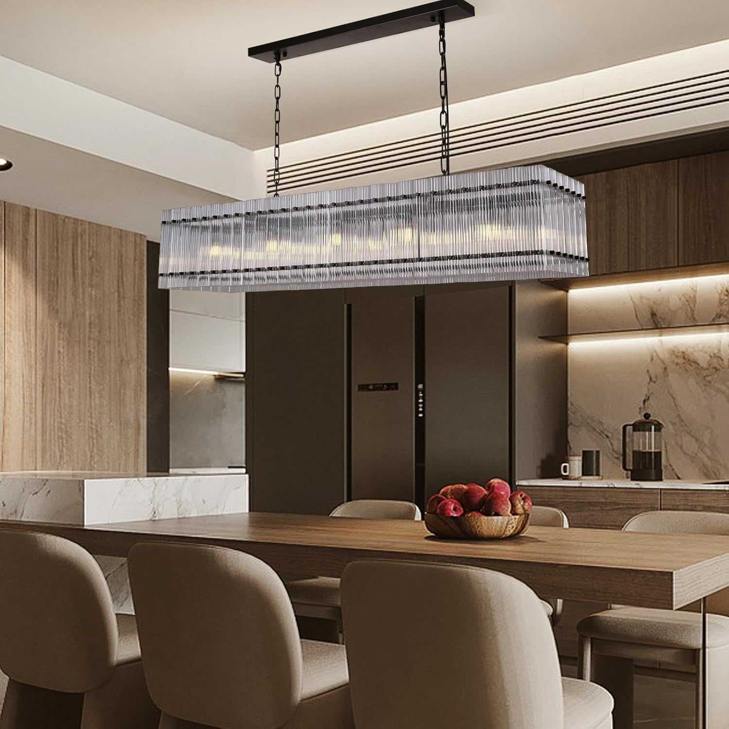 Modern Rectangular Crystal Glass Chandelier, 10-Lights Black Chandelier Lighting Contemporary Pendant Ceiling Light Fixture for Dining Room Living Room Kitchen Island - luxuryhomedecoridea.com