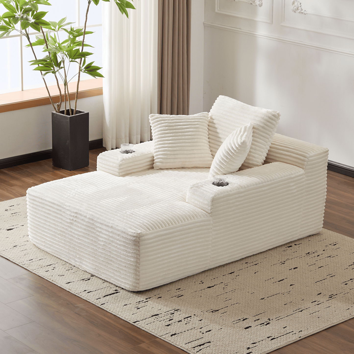 66" Oversized Corduroy Chaise Lounge Chair | Indoor Single Sleeper Sofa Bed with 3 Soft Pillows & Cup Holder - Modern Cloud Couch for Living Room/Office (White) - luxuryhomedecoridea.com