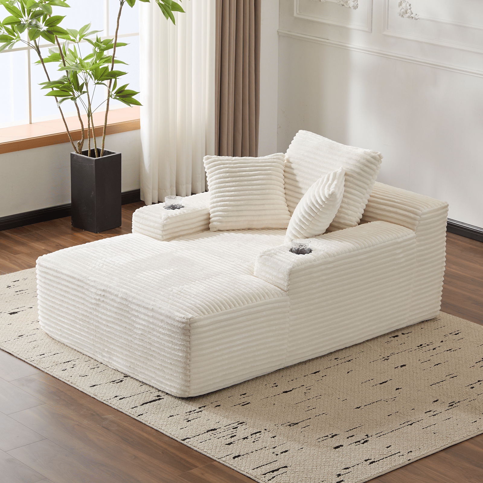 66" Oversized Corduroy Chaise Lounge Chair | Indoor Single Sleeper Sofa Bed with 3 Soft Pillows & Cup Holder - Modern Cloud Couch for Living Room/Office (White) - luxuryhomedecoridea.com