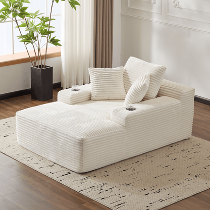 66" Oversized Corduroy Chaise Lounge Chair | Indoor Single Sleeper Sofa Bed with 3 Soft Pillows & Cup Holder - Modern Cloud Couch for Living Room/Office (White) - luxuryhomedecoridea.com