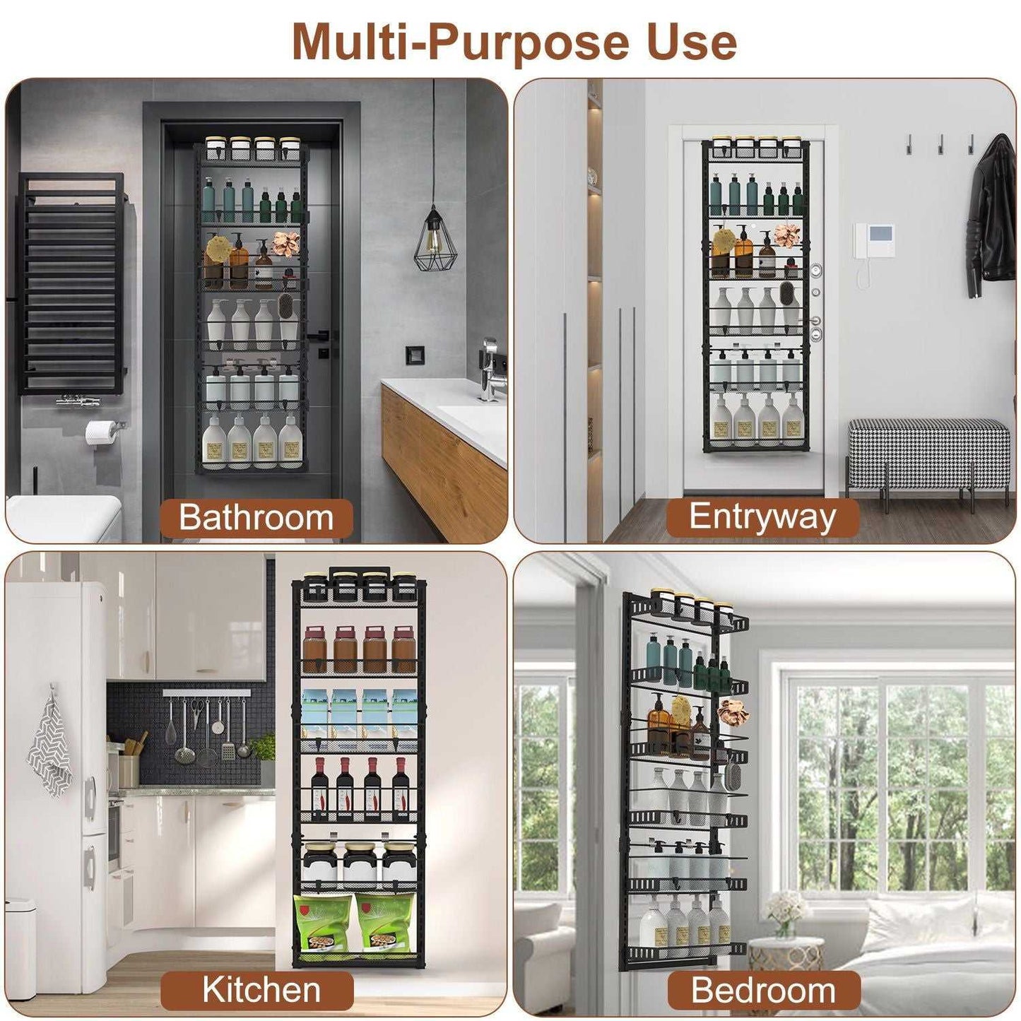 10LBS Loading 6-Tier Over the Door Pantry Organizer, Large Metal Door Spice Rack, Hanging Heavy-Duty Pantry Door Storage Shelf Easy Install Behind Door Storagefor Kitchen and Bathroom, Black - luxuryhomedecoridea.com