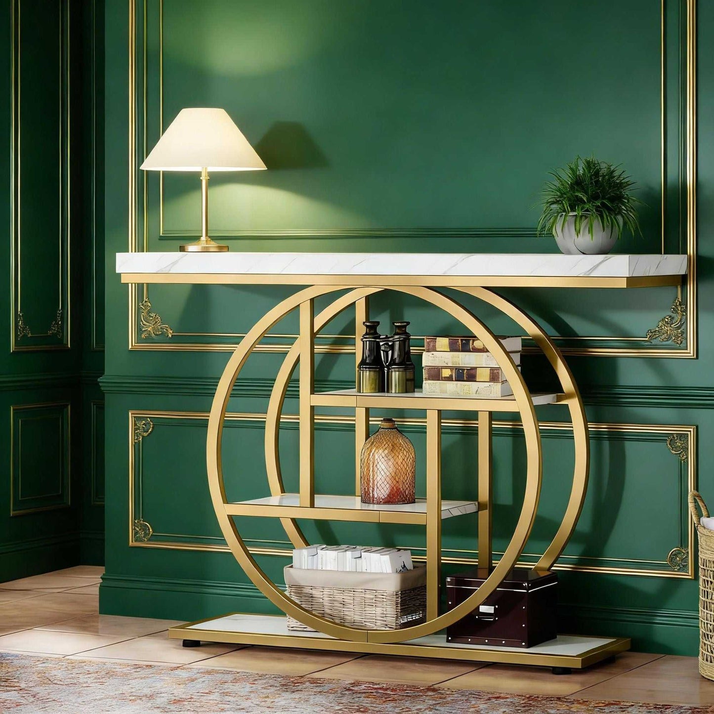 Console Table, Industrial 4-Tier Sofa Entryway Table with Circle Basew - luxuryhomedecoridea.com