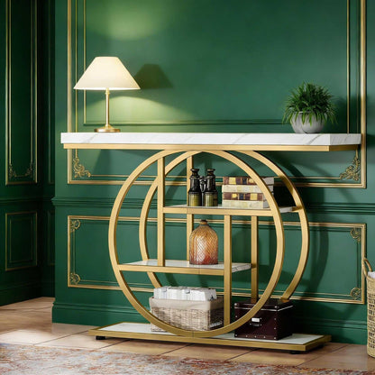 Console Table, Industrial 4-Tier Sofa Entryway Table with Circle Basew - luxuryhomedecoridea.com