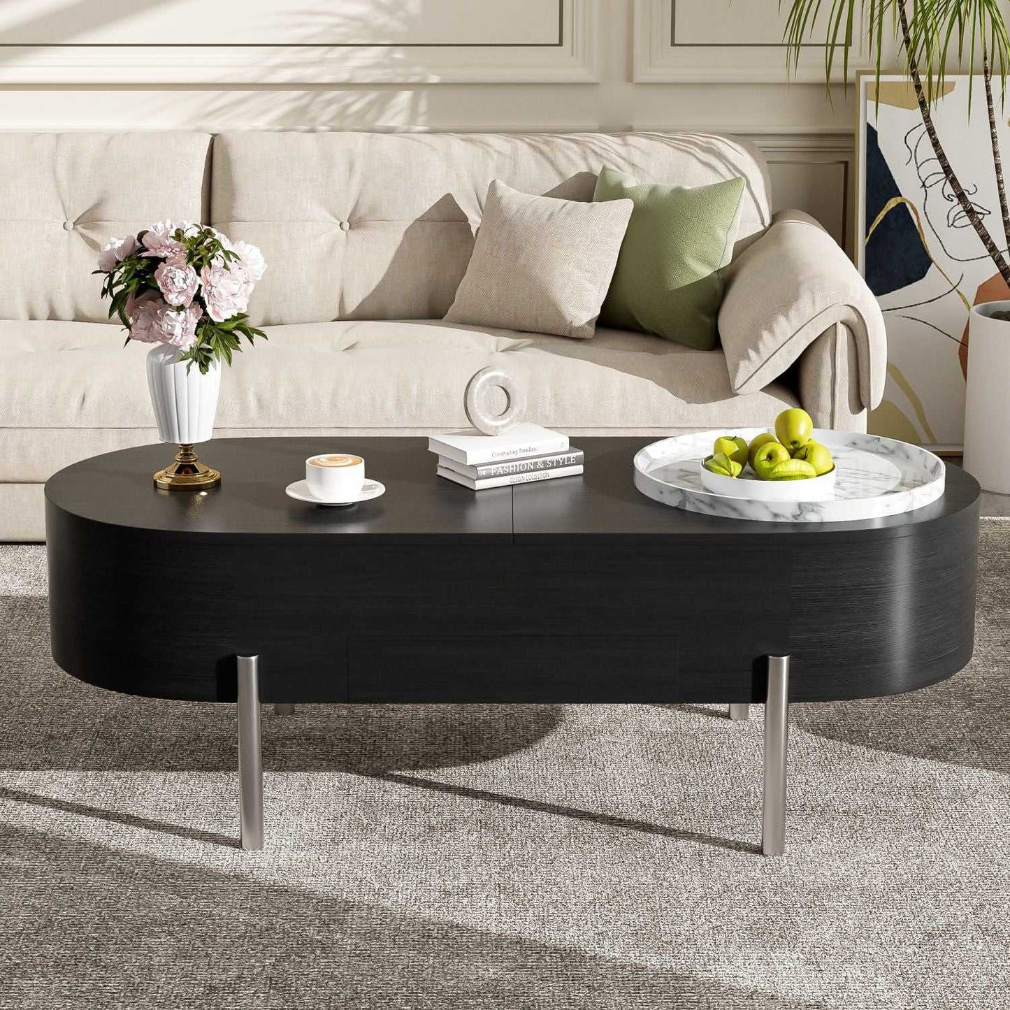 U-Can 47.2''Lift Top Coffee Table with 360-degree Marble-patterned rotating tray,Hidden Compartment, Partially Assembled Wooden Center Table, Modern Oval Lift Tabletop for Home Living Room - luxuryhomedecoridea.com