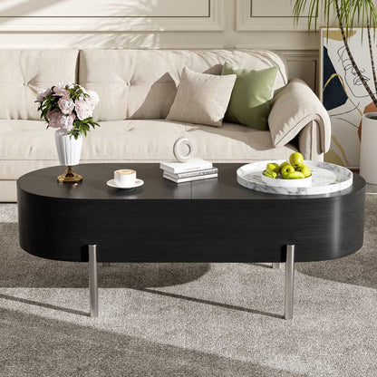 U-Can 47.2''Lift Top Coffee Table with 360-degree Marble-patterned rotating tray,Hidden Compartment, Partially Assembled Wooden Center Table, Modern Oval Lift Tabletop for Home Living Room - luxuryhomedecoridea.com