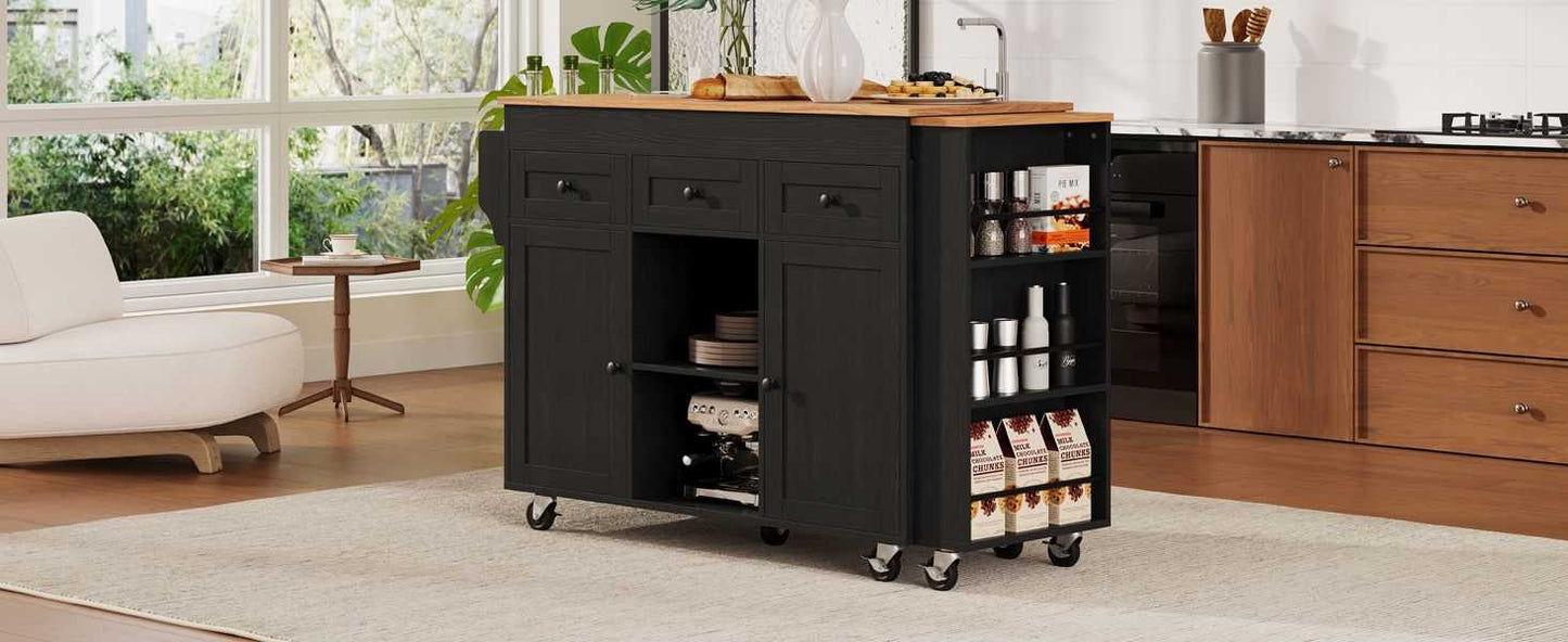 Kitchen Island with Extendable Dining Table, Kitchen Storage Table with 3 Side Open Shelves, Rolling Kitchen Island with Power Outlet, 3 Drawers, 2 Doors, for Kitchen, Dining Room, Black - luxuryhomedecoridea.com