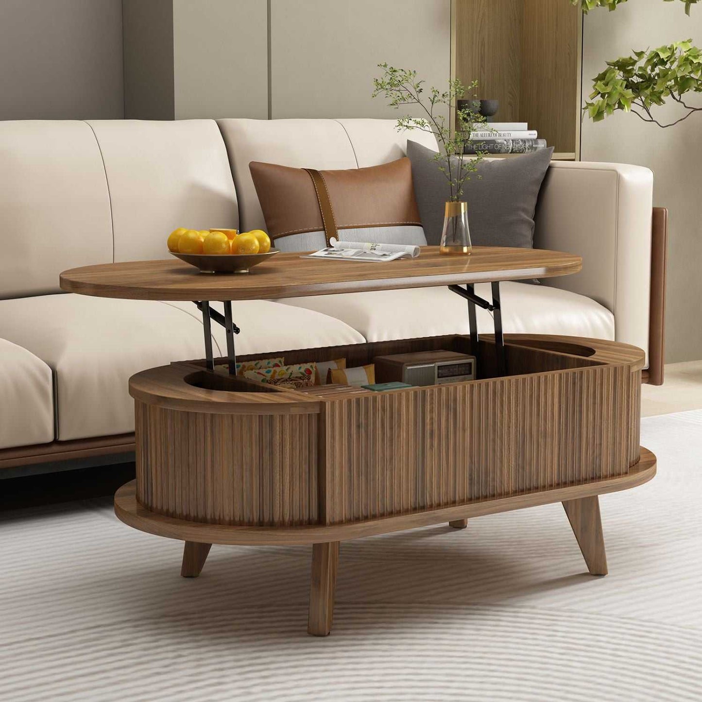 Fluted Lift Top Coffee Table with Hidden Compartment, Wooden Center Table, Modern Oval Lift Tabletop for Home Living Room Office, Walnut Brown Color - luxuryhomedecoridea.com
