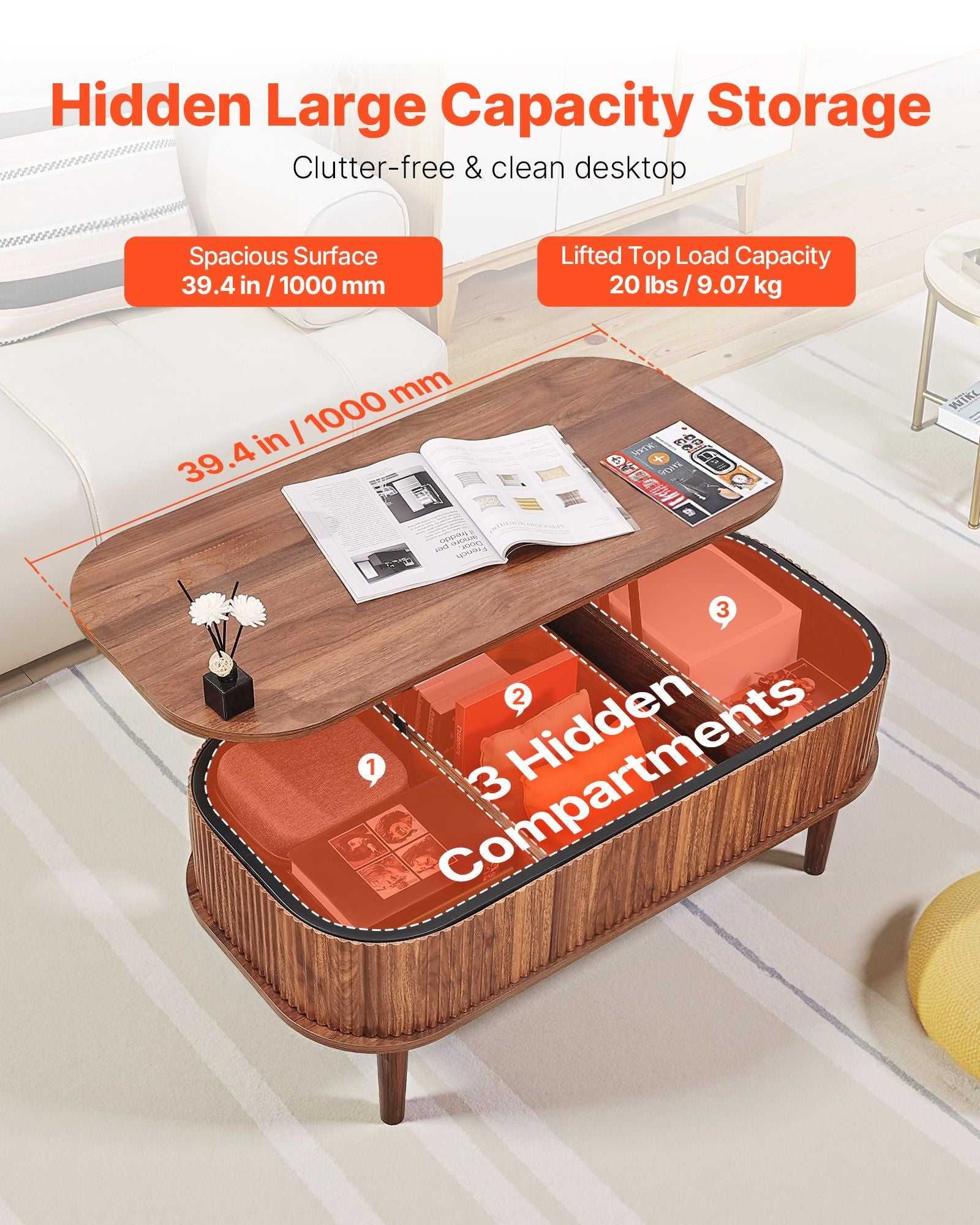39.4 in Lift Top Coffee Table, Fluted Oval Coffee Table with 3 Hidden Compartment, Mid Century Wooden Oval Center Desk with Storage, Lift Up Tabletop for Home & Office, Easy Assembly, Walnut - luxuryhomedecoridea.com