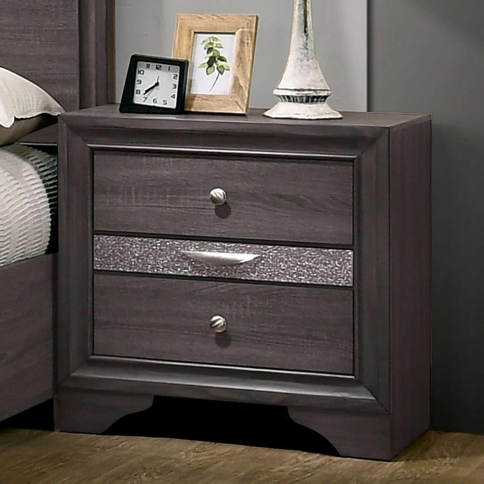 Contemporary 1pc Nightstand Gray Finish Silver Accents Hidden Jewelry Drawer Nickel Round Knob Bedside Table Bedroom Furniture - luxuryhomedecoridea.com